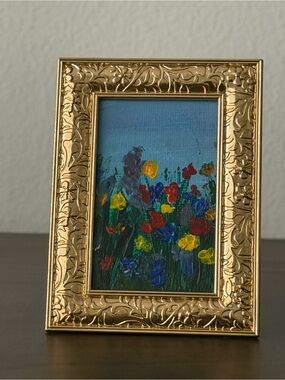 ACEO Original Painting Mini Art 3”x2”Landscape Flowers Framed Gold Floral Frame